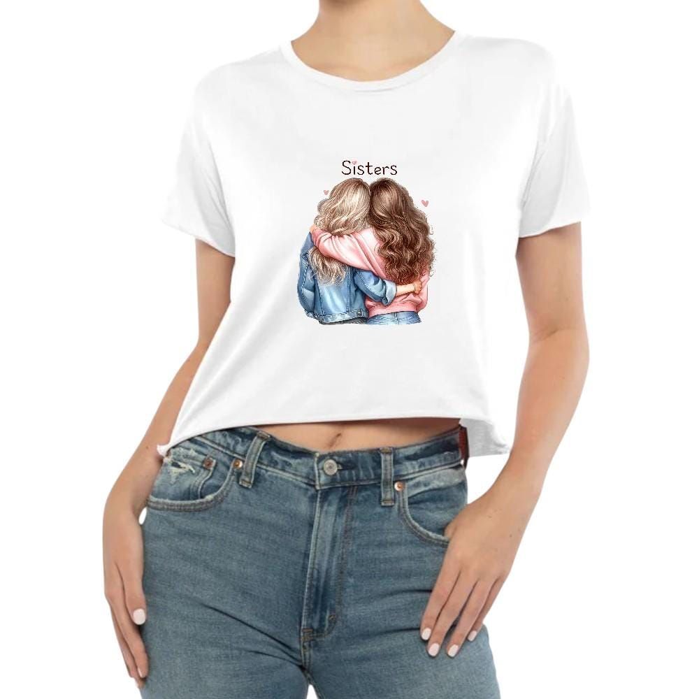 Womens Crop Top Graphic Sisters best friends back print raw hem semi sheer LB 06